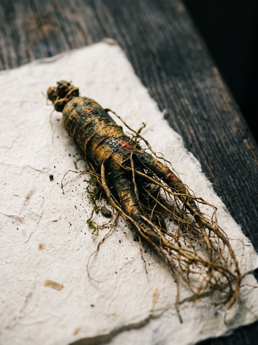 Cultured wild ginseng root close-up